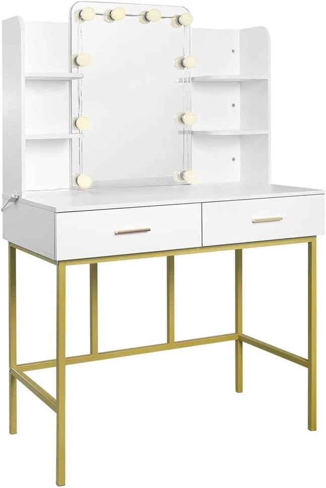 Dresser Vanity Platinum Dresser with Mirrors LED Lighting 2 Drawers Makeup Table Home Bedroom