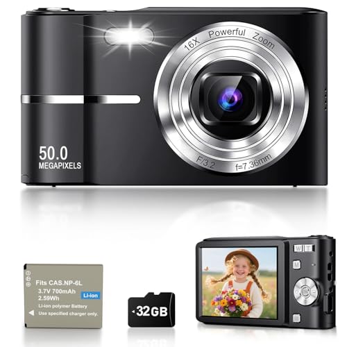 Appareil Photo Numérique 50MP 1080P, Compact Appareil Photo avec Carte 32Go, Écran 2,4”, Zoom Numérique 16X, Mini Camera Vlog pour Enfants, Adolescents, Étudiants,...