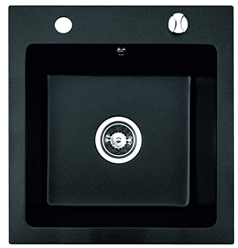 BRENOR Milano50, Rechteckige Granitspüle, Becken, mit Zugstangen-Ablaufgarnitur, Größe 48 x 50 cm (Schwarz Metallic) Cover