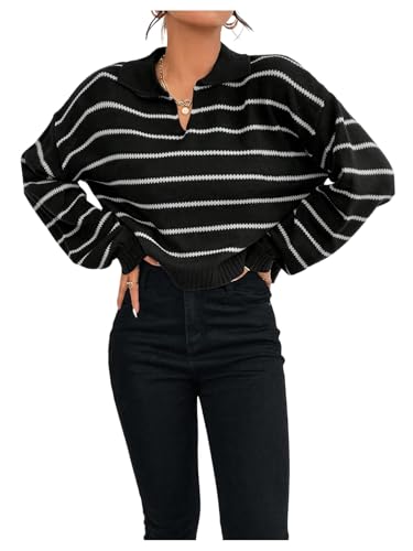 OYOANGLE Women's Striped Knit Sweaters Lapel V Neck Long Sleeve Crop Pullover Jumper Tops