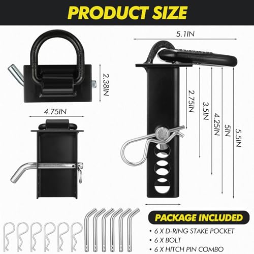 Landhoow 6 Pcs Heavy Duty Trailer Stake Pocket D Ring Adjustable D Ring Stake Pocket Tie Downs Trailer Tie Downs, Compatible with Standard 2\" x 4\" Stake Pockets, W/ 1/2\" Hitch Pin, Load Limit 5400 Lbs