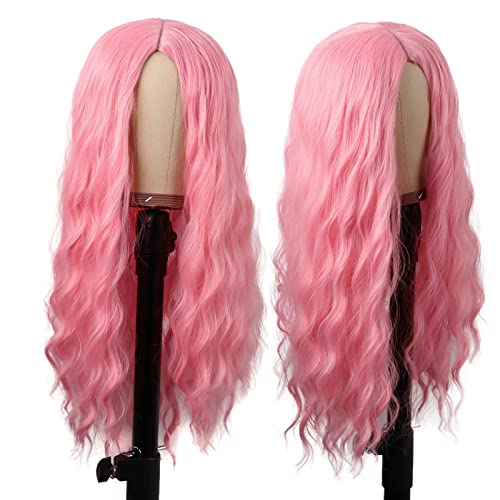 mapofbeauty 28 inch70 cm long wavy middle part with no bangs synthetic fiber curly fashion women party cosplay wig light pink