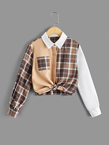 Milumia Girl's Plaid Color Block Button Up Collar Long Sleeve Blouse With Pocket Multicolor 9 Years #TOP1