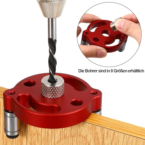 Holzbearbeitungs Bohrhilfe, Bohrlocher Mittenfinder, Vertikales Selbstzentrierendes, mit 3/4/5/6/7/8/9/10 mm Bohrbuchsen, Vertikale Dübelvorrichtung aus Aluminiumlegierung, Rot