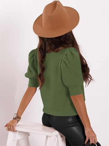 Image of Womens Puff Short Sleeve Sweater Tops Square Neck Casual Knit Pullover | Dressy Casual Blouses,Fall Shirts,Fashion Summer Clothing,Cute Spring Outfits,Work Shirts