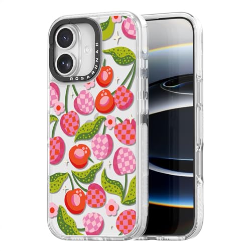 Coque iPhone 17 mignonne Rosarnnah antichoc protection transparente motif cerise à carreaux 6,3"