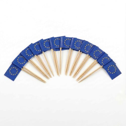Mobi Lock 120 Pièces de Pics à Cocktail avec Drapeau de l’Europe - 6,5 cm (2,5 po) Cure-Dents en Bambou avec Mini-Drapeaux - Pics de décoration pour...