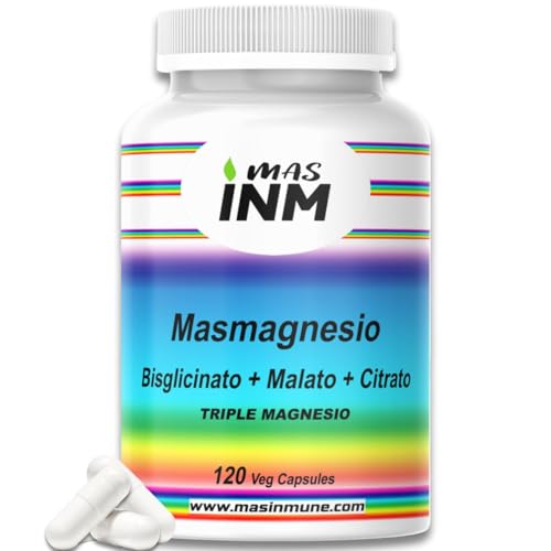 Masmagnesio Triple Magnesio Alta Absorción – Bisglicinato, Malato y Citrato – Ayuda con Sueño, Energía, Ansiedad, Estrés, Huesos, Articulaciones y Músculos – 120 Cápsulas – Masinmune