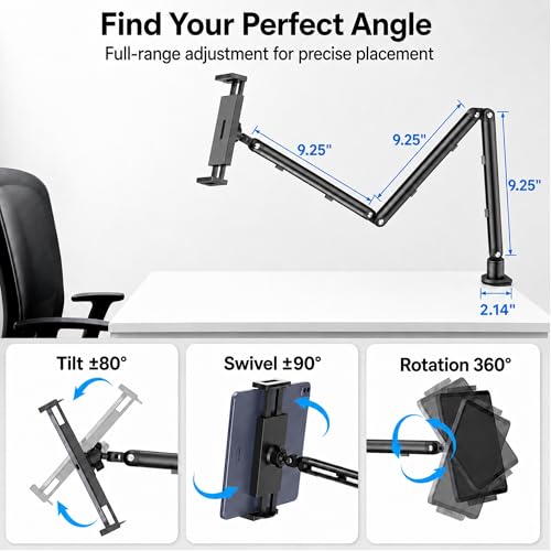 Image of iPad Holder For Desk, Adjustable Tablet Arm iPad Desk Mount with C-Clamp | 30 inch Foldable Long Arm & 360 Rotation, Fits 4.7 inch-15.6 inch iPad Pro /Air /Mini, Phones & 15.6 inch Portable Monitors For Desk /Bed Use
