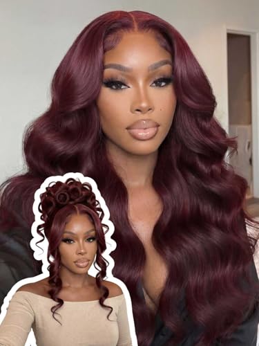 Image of Beauty Forever 13x4 Pre-Everything Lace Frontal Glueless Wig Human Hair Pre Plucked Pre Cut Black Cherry Loose Body Wave Drawstring Wig With Face Framing Layers Ready to Go Wigs 150% Density 26inch