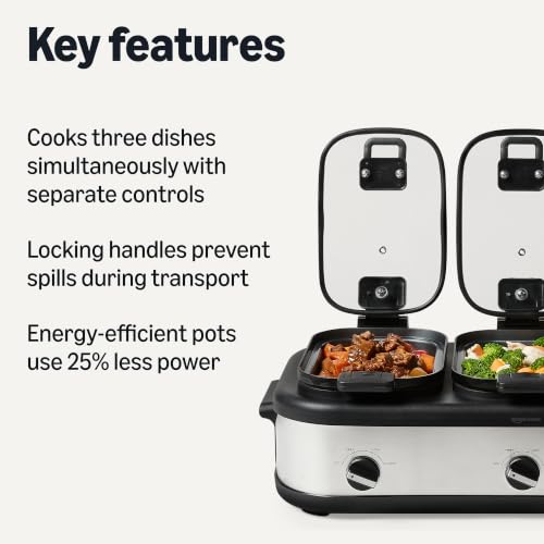 Amazon Basics Triple Slow Cooker with Ceramic Non-Stick Coating, Individual Temperature Controls, Locking Handles, Glass Lids, 3 x 2.5 Quarts, Stainless Steel view 2