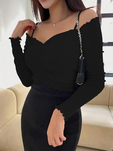 Image of Sugathari Women's Purple Solid Colour Open Cold Off Shoulder Long Sleeve Lettuce Hem Casual Autumn Trim Tight- Slim Fitting Ruched Front Ladies' Camisole Top, Tee, T-Shirt (T-Shirt 184)