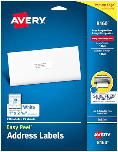 Avery : Easy Peel Address Labels for Inkjet Printer, 1 x 2-5/8, White, 750 per Pack -:- Sold as 2 Packs of - 750 -/- Total of 1500 Each