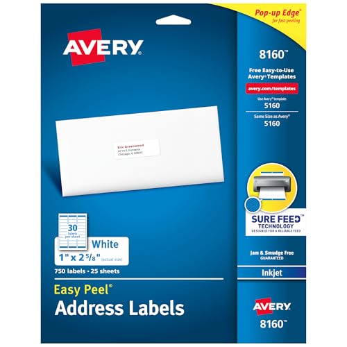 Avery Easy Peel Printable Address Labels with Sure Feed, 1" x 2-5/8" Customizable Stickers, White, 750 Blank Mailing Labels, Great for Mailing, Shipping, and More (8160)