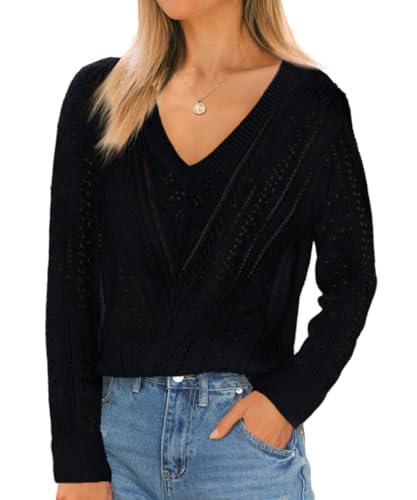 Imily Bela Jersey para mujer otoño manga larga,Cuello en V,Jersey de punto ligero ahuecado Crochet, Negro , M