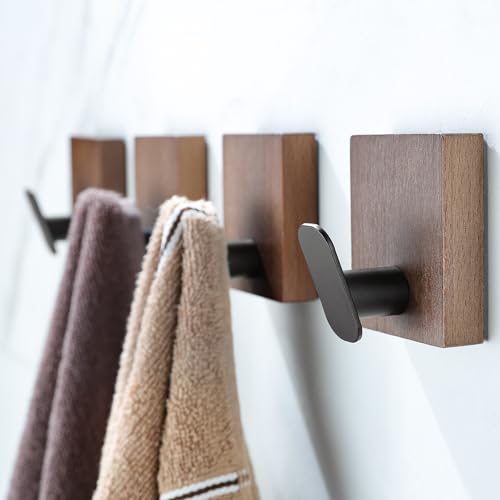 DELITON Adhesive Towel Hooks,Wall Hooks for bathrooms Without Drilling, Wood Wall Hooks for Hanging Robe, Towel, Bag Stick on Farmhouse Bathroom Bedroom Entryway 4 Packs Burned Brown