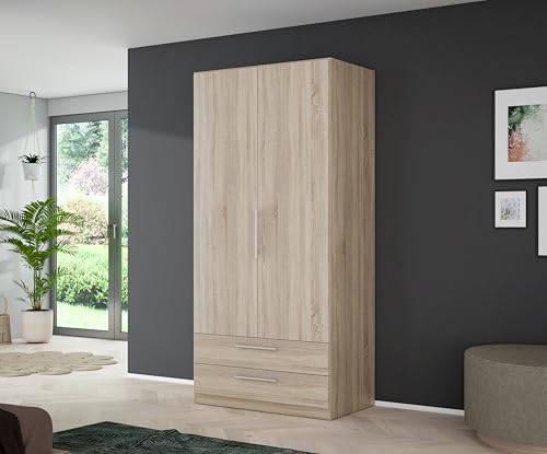 Forte Möbel Cadixo Kleiderschrank 100, 2-türiger Drehtürenschrank mit 2 Schubladen, Holzwerkstoff, Sonoma Eiche Dekor, 100,9 cm breit, 212,9 cm hoch, 58,9 cm tief