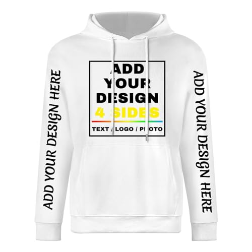 Image of CMLONGQIA Custom Hoodie Add Your Own Photo Text Logo Cotton Personalised Sweatshirt 4 Side Print for Men and Women White 2XL