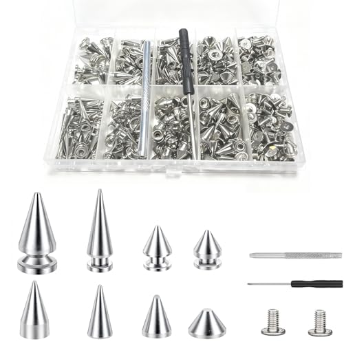 364 Sets Punk Spikes and Studs Kit 8 Sizes Cone Spikes with Screws for Leather Jacket Belt Bag Shoes - Includes Punch & Screwdriver for DIY Clothing & Craft Decoration