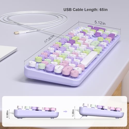 Image of MOFII Colorful Computer Keyboard Wired, Cute Full Size Keyboard Typewriter Style, USB Keyboard with Foldable Stands for Windows, Laptop, Desktop, PC (Purple Colorful)