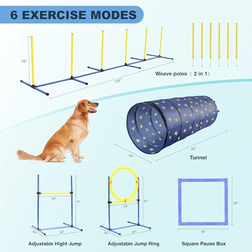 Dog Agility Training Equipment Set, Outdoor&Indoor, Deluxe Obstacle Course Starter Kit w/Tunnel, Adjustable Hurdle, Jumping Ring, 6 Weave Poles, Pause Box, Carry Bag Dog Agility Training Equipment Set, Outdoor&Indoor, Deluxe Obstacle Course Starter Kit w/Tunnel, Adjustable Hurdle, Jumping Ring, 6 Weave Poles, Pause Box, Carry Bag