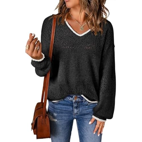 SHEWIN Women's Sweaters Casual Long Sleeve V Neck Crewneck Lightweight Crochet Pullover Sweater Tops
