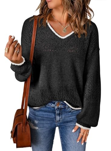 SHEWIN Women's Sweaters Casual Long Sleeve V Neck Crewneck Lightweight Crochet Pullover Sweater Tops