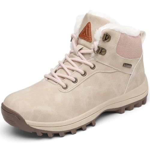 Mishansha Snow Boots for Women Warm Winter Hiking Boots Beige Size 8 | Waterproof Upper, Plush Lining, Removable Fur Insole, Slip-Resistant Outsole Ankle Booties for Cold Weather Walking Outdoor