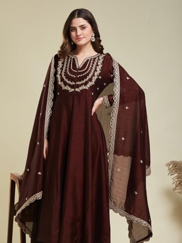 Image of MOKOSH Women's Silk Embroidery Anarkali Kurta Pant with Dupatta | Women's Anarkali Kurta Set | 3 Piece Ethnic Outfit with Dupatta | Round Neck Full Sleeve