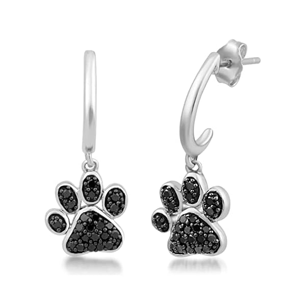 Jewelili Sterling Silver 3/8 Cttw Treated Black Round Diamonds Dog Paw Dangle Earrings - Image 3