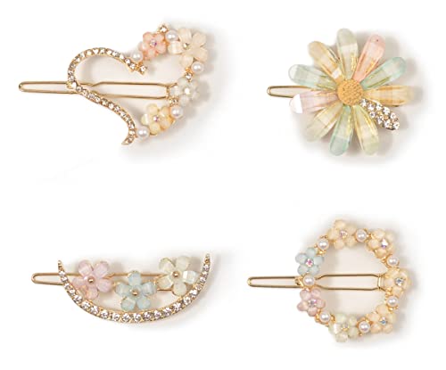 Hair Clips for Women and Girls, Rhinestone Bobby Pins, Glitter Crystal Flower Hairpin, Handmade Metal Barrettes Hair Accessories Set 4 Packs (Gold)