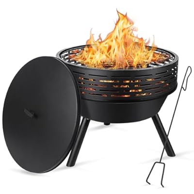 3-in-1 Fire Pit with Grill & Lid, 23" Outdoor Fire Pit Table, Cast Iron Wood Burning Firepit, Heavy Duty Fire Bowl for Outside Patio, Backyard Fireplaces, Large BBQ Pit Table with Fire Poker