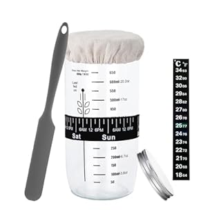 Hniuyun Sourdough Starter Kit with Thermometer & Scraper - 650ml Wide Mouth Glass Jar, Reusable Baking Supplies with Cloth Cover & Metal Lid