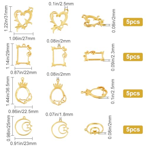 SUNNYCLUE 1 Box 20PCS Open Back Bezel Charms Hollow Frame Charms Heart Moon Geometric Blank Golden Alloy Bezel Charms Epoxy Resin for jewellery Making Charms Valentine's Day Earrings DIY Crafts - Image 2