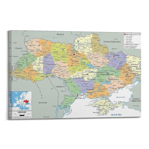 JIYAYCU Mappa dell'Ucraina 19, quadro decorativo su tela, 40 x 60 cm