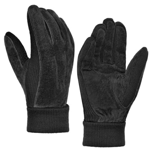 Harssidanzar Mens Winter Gloves Thermal Wool Fleece Lined Suede Gloves SM045US,Black,Size M