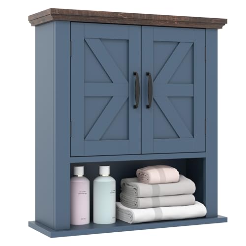 GIANTEX Meuble Haut Salle de Bain avec Étagère Réglable, Compartiment Ouvert, Armoire Murale Salle de Bain avec Portes, Style Fermier, Armoire à Pharmacie...