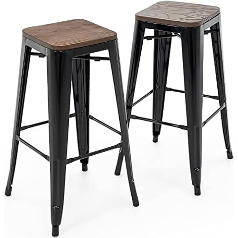 Brage Living 30 Inch Metal Bar Stools with Square Solid Elm Wood Seat Top, Backless Stackable Industrial Barstools Set of 2 (Black) Cover