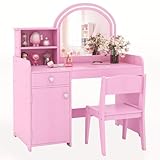 FANTASK 2 in 1 Kinder Schminktisch Set, Frisertisch mit Hocker, LED-Leuchten, Spiegel, Schrank & Schublade