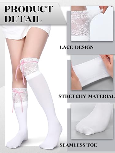 4 Pairs Women's Lace Socks Include 2 Thigh High Stocking with Lace Trim Stockings, 2 Lolita Bow Knot Calf Socks, White Boot Stockings3