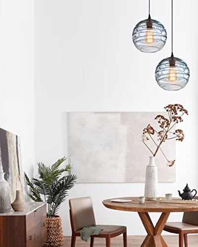 ARIAMOTION Pendant Lights Dining Room Coastal Lighting Fixtures Blue Stripe Seeded Glass Modern Style Ceiling Hanging Kitchen Island Beach House Sunroom Hallway Globe Lamp 9 Inch 2 Pack - Image 2