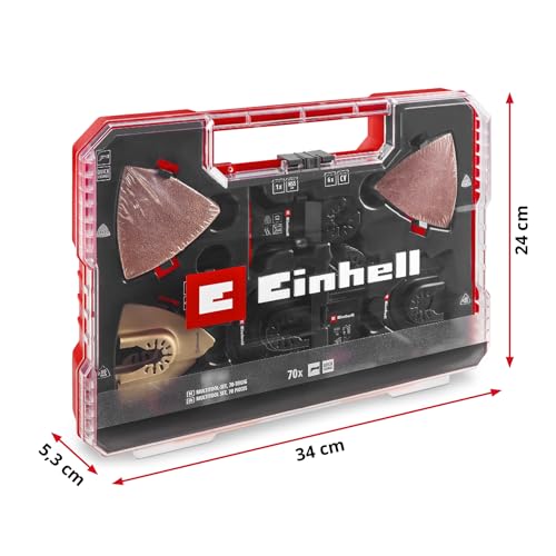 Original Einhell XXL-CASE 70-tlg. Multitool-Set (BiM/CrV-Tauchsägeblätter, HCS/HM/BiM-Halbrund-Sägeblätter, HM-Delta-Raspel, Delta-Trägerplatte, Schleifpapier, Dremel-Adapter)