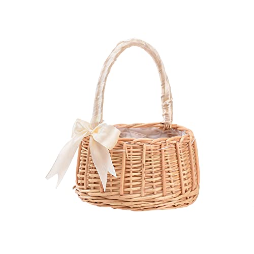 Flower Girl Basket, Rustic Flower Girl Basket with Ribbon, Small Basket With Handle, Wicker Rattan Flower Girl Baskets for Weddings Decorations (White)