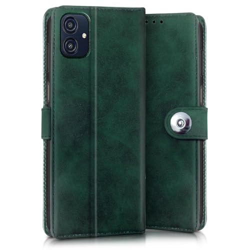 Image of WOW IMAGINE Shock Proof Flip Cover Back Case for Samsung Galaxy M04 | F04 | A04e (Magnetic Button Flip Case | Wallet Pockets & Stand | Leather Finish | Forest Green)