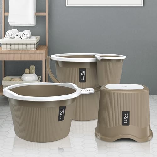Image of KOLORR Luxe Bathroom Set (Bucket 18L x 2) + (Mug 1.5L x 2) + (Luxe Patla x 1) + (20L Tub x 1)|Sturdy and Durable |Lightweight| Easy to Clean and Attractive Design|Pack of 6| Ratan LT Brown
