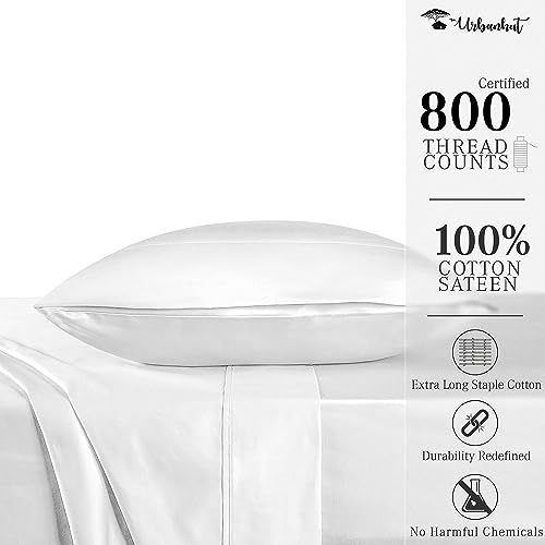 URBANHUT 800 Thread Count Egyptian Cotton Sheets Twin Size, Long Staple Sheets Set for Twin Size Bedding, 3 Pc Bed Sheet Sets, Luxury Hotel Sateen Sheets Fits 16" Deep Pocket - White