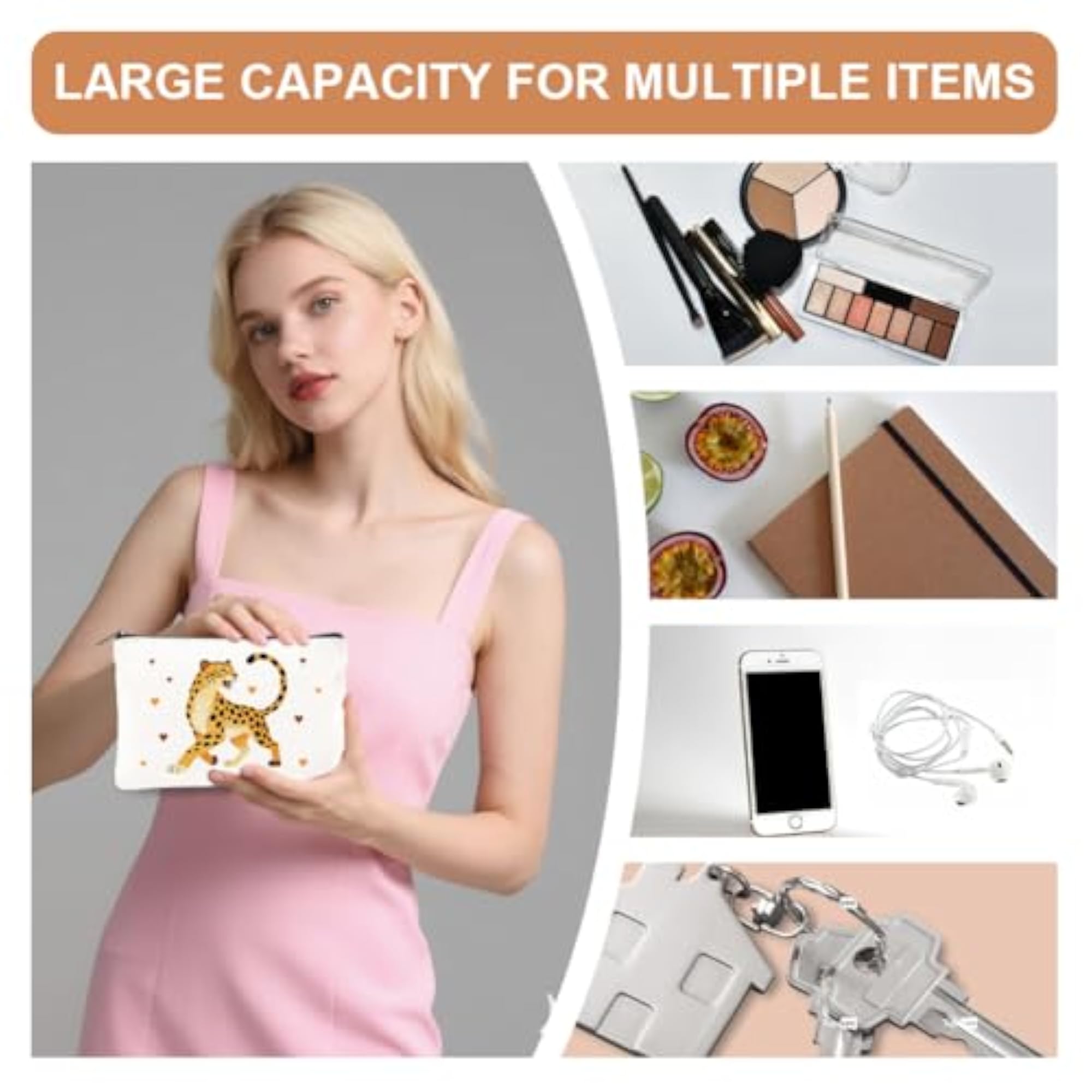 Makeup Bags with Zipper for Women, Cartoon Cheetah Design