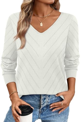 Image of WIHOLL Sweaters for Women V Neck Casual Knit Long Sleeve Tops Lightweight Pullover Clothes Fall Fashion Outfits 2026