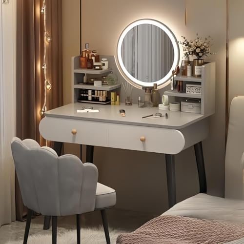 Jifocelt化粧台化粧台 引き出し付きの丸みを帯びた鏡付きコーナーデザイン 頑丈で耐久性のある多目的拡大デスクトップ無垢材テーブル脚 花びらの柔らかいスツール付き (Bライトライト+花びら椅子,80*40*120CM)