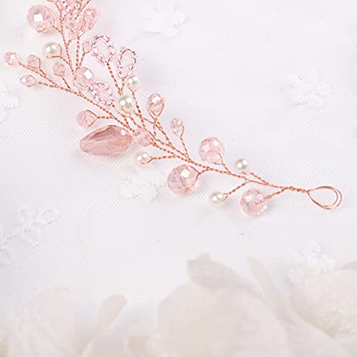Kercisbeauty Wedding Pink Crystal Pearl Rose Gold Boho Headband For Bride Bridal Headpiece Bridesmaid Flower Girl Hair Accessory Prom Hairdress Rustic Wedding Women Vine #TOP4